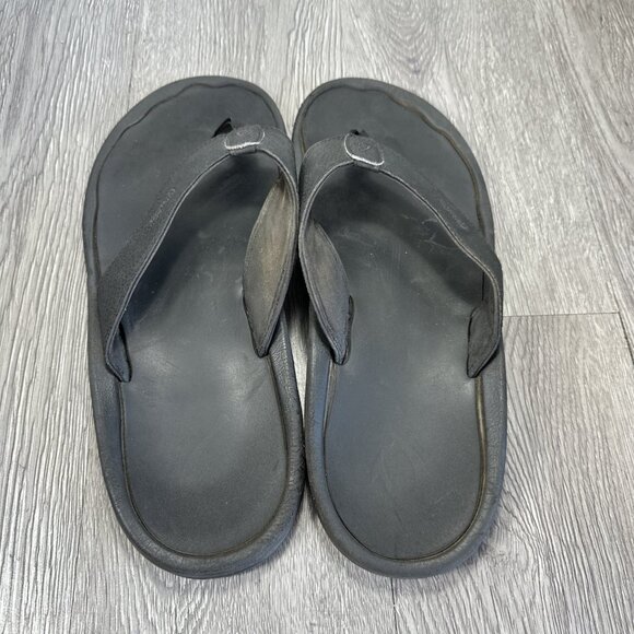 Olukai Ohana Flip Flops Thong Sandals Men 13M Shoe Black Leather Outdoor Comfort